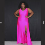 Tease Prom TE2320 Hot pink. Slim/ fitted silhouette with a Slim/fitted skirt. V-neckline and bra-friendly straps. Stretch lycra with hot fix stones.High slit, ruched front and back bodice, sweep train and a center back zipper. 