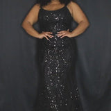 Sydney's Prom by Sydney's Closet slim aline silhouette with scoop neckline and scoop back center back zipper and sequins over stretch knit with 5 inch train available in black SC7332