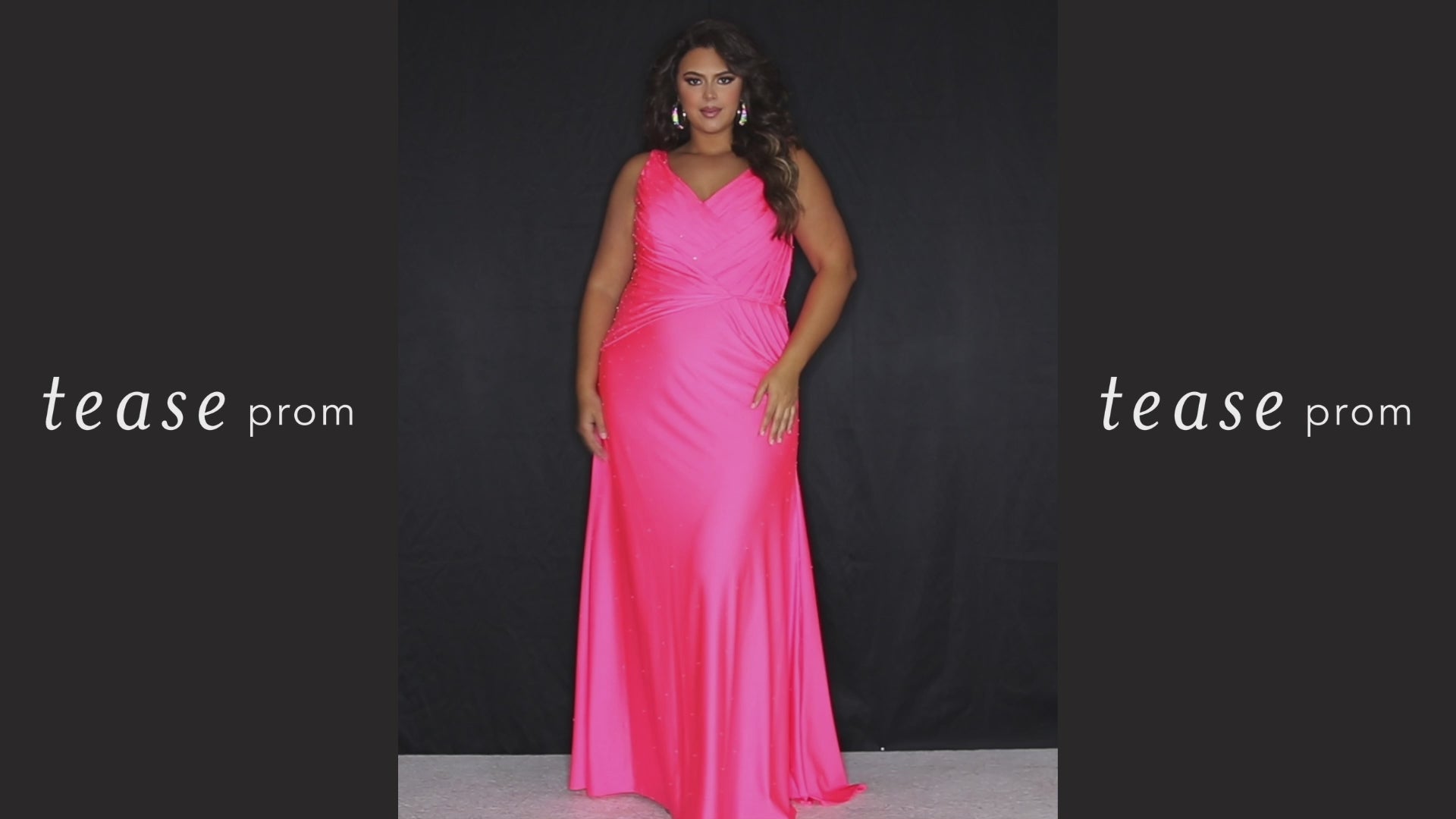 Tease Prom TE2318 Hot pink, fluorescent orange and electric blue.  Fit and Flare silhouette with a natural waistline and fitted skirt. V-neckline and V-bodice with pleats. Stretch lycra with hot fix stones. Sleeveless, bra-friendly straps, sweep train and a center back zipper. 