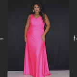 Tease Prom TE2318 Hot pink, fluorescent orange and electric blue.  Fit and Flare silhouette with a natural waistline and fitted skirt. V-neckline and V-bodice with pleats. Stretch lycra with hot fix stones. Sleeveless, bra-friendly straps, sweep train and a center back zipper. 