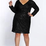 CE2004 for Celebrations by Sydney's Closet sequin party dress fully lined with center back zipper and v neckline with sleeves available in black burgundy and navy