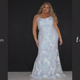 Tease Prom TE2312 baby blue. Slim A-line silhouette, with sequins over net (no stretch), and piettes. A scoop neckline, and ½ inch straps covered in lace. A center back zipper, 5 inch train, 2 inch horsehair hem and fully lined.