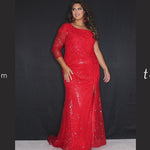 Tease Prom TE2325 Ruby red and Royal Blue. Slim/Fitted Silhouette with a Slim skirt. Natural waistline with a One-shoulder neckline and Sheer long sleeve. Lace appliques, Sequins and a center back zipper. Partially lined, with a high slit, a sweep train and horsehair hem. 