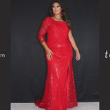 Tease Prom TE2325 Ruby red and Royal Blue. Slim/Fitted Silhouette with a Slim skirt. Natural waistline with a One-shoulder neckline and Sheer long sleeve. Lace appliques, Sequins and a center back zipper. Partially lined, with a high slit, a sweep train and horsehair hem. 