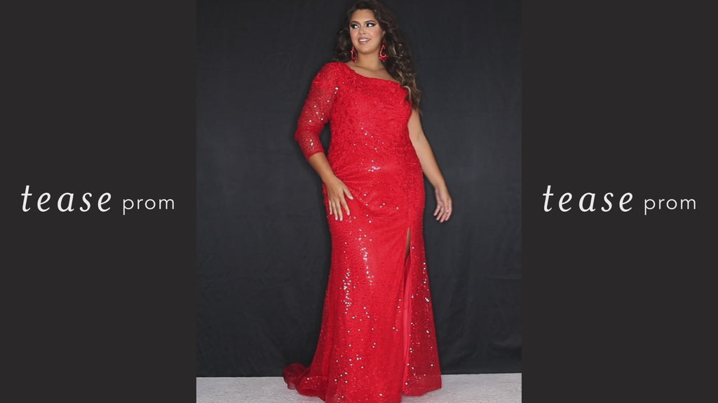 Tease Prom TE2325 Ruby red and Royal Blue. Slim/Fitted Silhouette with a Slim skirt. Natural waistline with a One-shoulder neckline and Sheer long sleeve. Lace appliques, Sequins and a center back zipper. Partially lined, with a high slit, a sweep train and horsehair hem. 