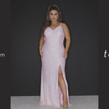 Tease Prom TE2309 Pink pearl and Seafoam green. Slim, mermaid silhouette with V-neckline and a natural waistline. Stretch sequins over a stretch knit lining. V-back, ½  inch thick straps. A slim skirt with a slit on the left and sweep train.