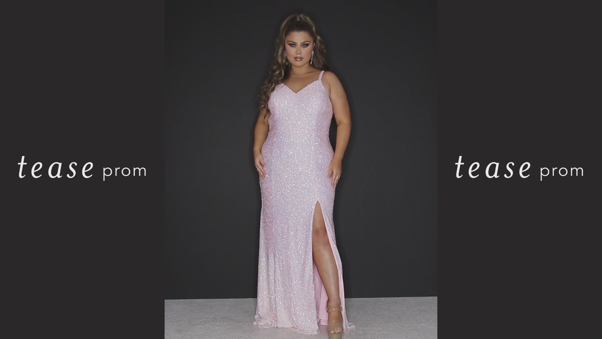 Tease Prom TE2309 Pink pearl and Seafoam green. Slim, mermaid silhouette with V-neckline and a natural waistline. Stretch sequins over a stretch knit lining. V-back, ½  inch thick straps. A slim skirt with a slit on the left and sweep train.