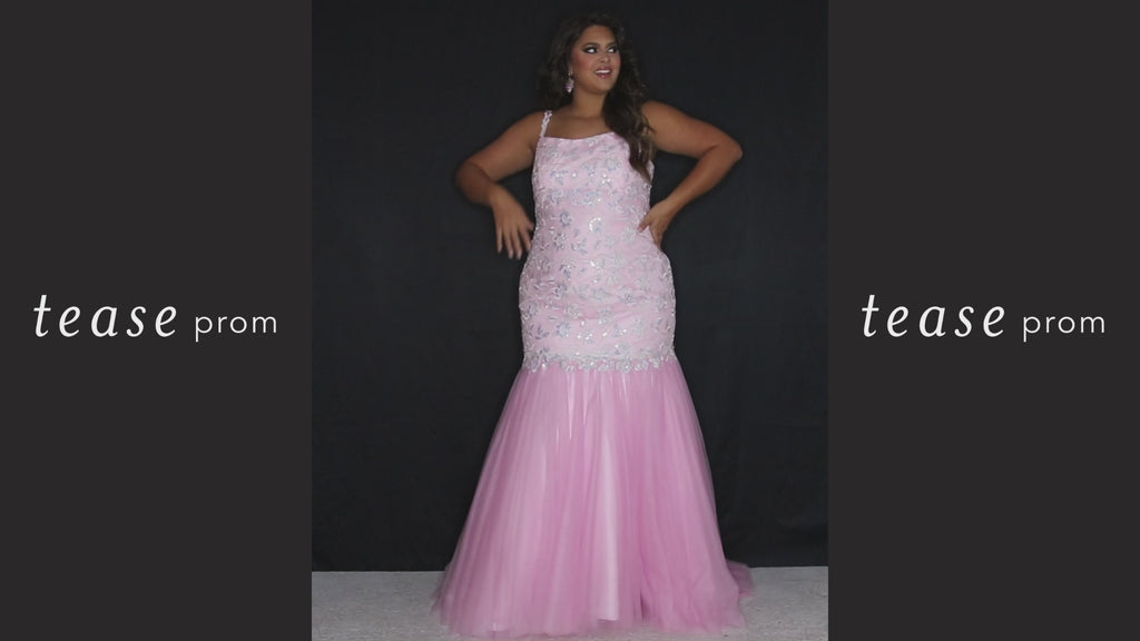 Tease Prom TE2316 aqua blue, soft pink, light purple. Mermaid silhouette, scoop neckline. Sparkle tulle and leaf lace appliques with sequins. Half inch straps covered in lace. Tulle skirt and long invisible center back zipper. 