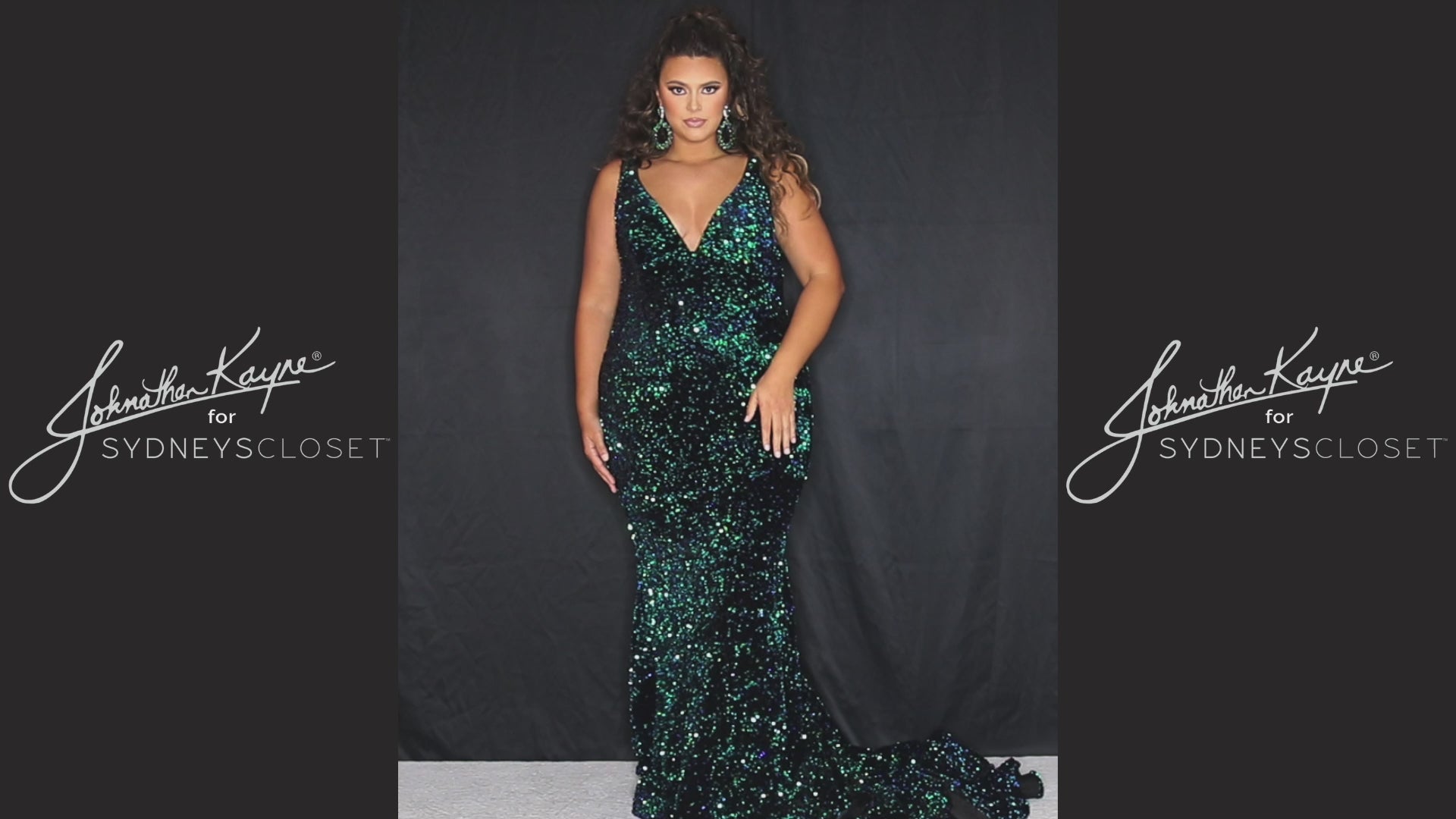Johnathan Kayne for Sydney's Closet JK2308. Sequin paillettes on stretch velvet, Mermaid silhouette, Deep V-neckline, Bra-friendly straps, Natural waistline, V-back, Long invisible center back zipper, Mermaid fitted skirt, Train with center back godet, Horsehair hem