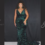 Johnathan Kayne for Sydney's Closet JK2308. Sequin paillettes on stretch velvet, Mermaid silhouette, Deep V-neckline, Bra-friendly straps, Natural waistline, V-back, Long invisible center back zipper, Mermaid fitted skirt, Train with center back godet, Horsehair hem