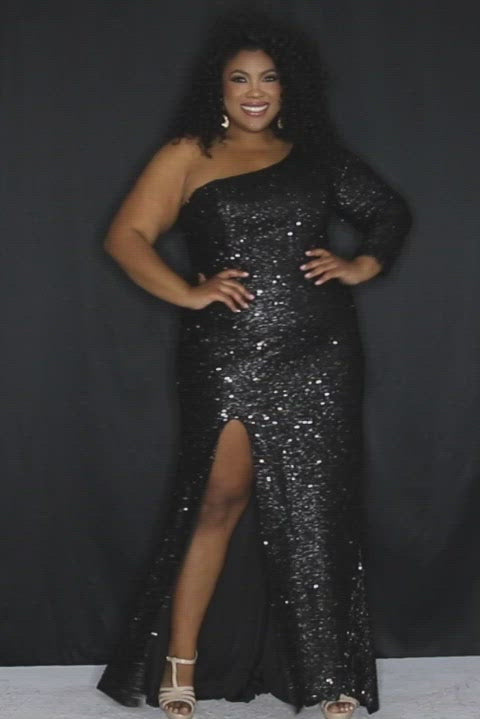 Sydney's Prom by Sydney's Closet fitted silhouette one sholder long sleeve with zipper back and sequin fabric available in pearlescent, ruby, onyx and sapphire SC7319