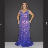 Tease Prom TE2301 royal blue, Plus Size fitted dress with ombre sequins , v-neck, and thick bra-friendly straps