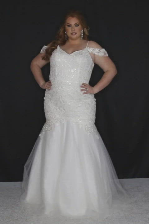 Sydney's Bridal by Sydney's Closet mermaid silhouette with off the shoulder straps and soft bridal tulle with center back zipper and corded lace appliques available in ivory SC5273