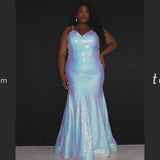 Tease Prom TE2310 Arctic Frost and Polar Purple. Multidimensional light blue or purple sequins, slim, mermaid silhouette with a V-neckline, a natural waistline and a V-back. Stretch sequins over a stretch knit lining. Half inch straps, slim skirt, sweep train. 