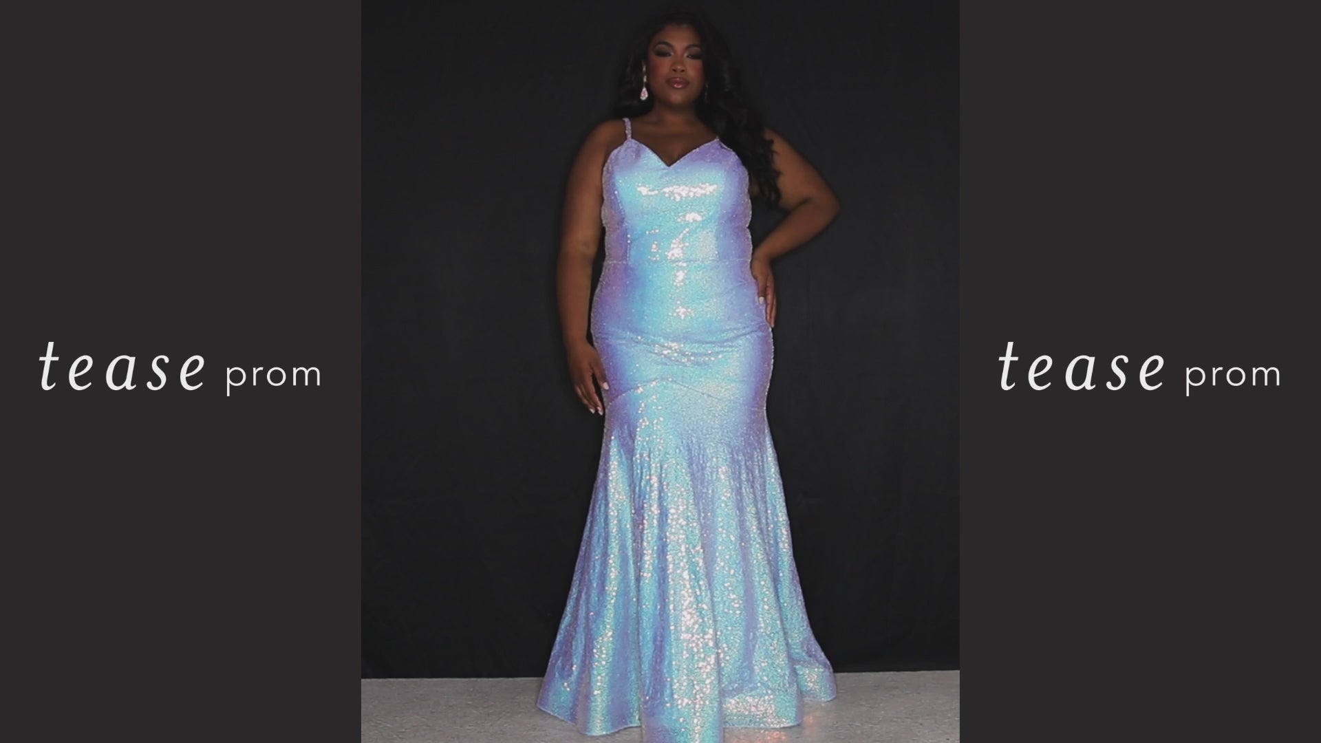 Tease Prom TE2310 Arctic Frost and Polar Purple. Multidimensional light blue or purple sequins, slim, mermaid silhouette with a V-neckline, a natural waistline and a V-back. Stretch sequins over a stretch knit lining. Half inch straps, slim skirt, sweep train. 