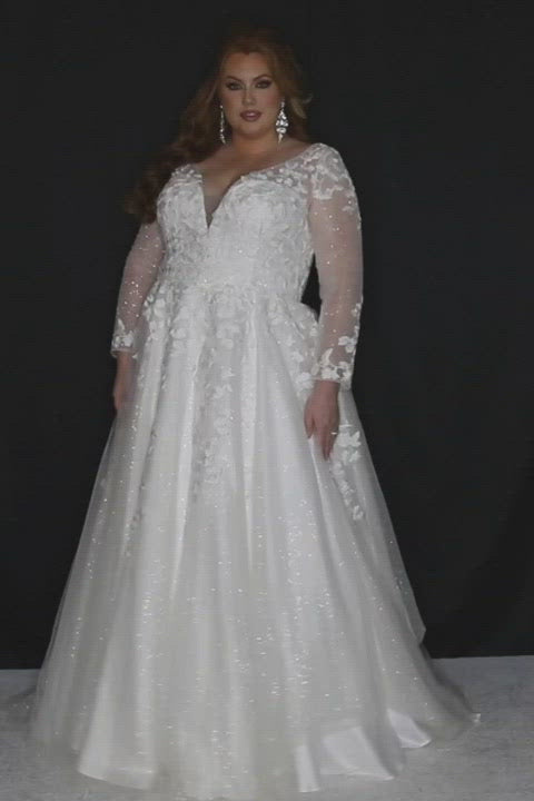 Sydney's Bridal by Sydney's Closet a line bridal gown with vneckline and illusion long sleeves center back zipper available in ivory SC5267