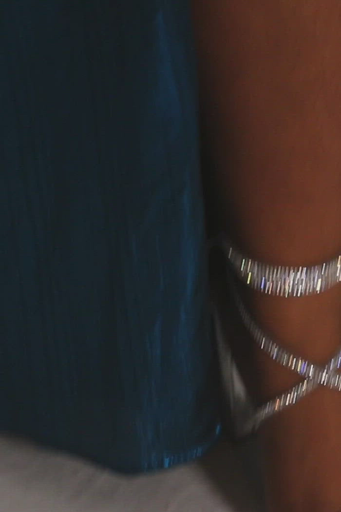 CE2015 by Sydney's Closet fitted silhouette floor length evening gown with v neckline and metallic chiffon fabric slim skirt with slit and sweep train center back zipper available in Cardinal and Macaw