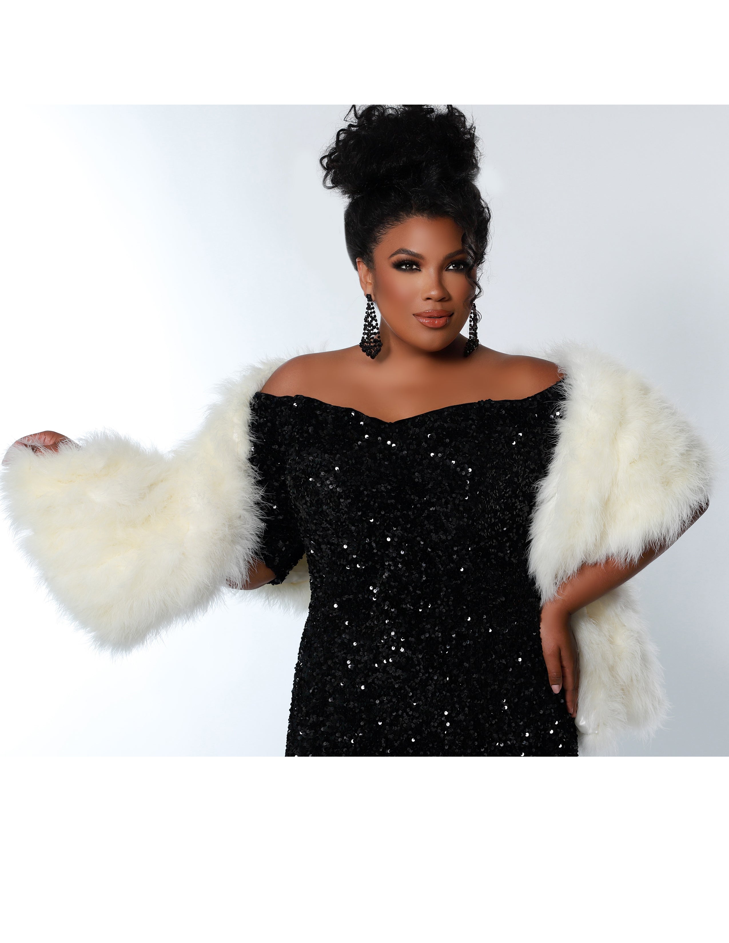 Best seller! Johnathan Kayne for Sydney's Closet plus size pageant, prom, evening, mother of the bride or groom formal gown.  Off-the-shoulder sleeves and fitted silhouette made in vibrant stretch sequins. Style JK2208. Photographer Georgina Vaughan