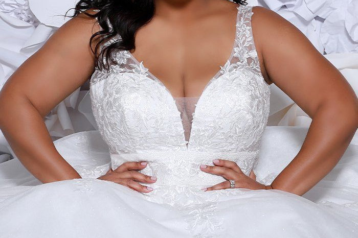 SC5255 Hazel Wedding Dress by Sydney's Closet, A-Line plus size wedding dress  with zipper back and glitter tulle with straps, available in Ivory 