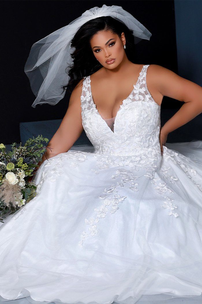 SC5256 Jasmine Wedding Dress by Sydney's Closet, Aline plus size wedding dress with shimmer tulle and straps, zipper back and floral embroidered lace, available in Ivory