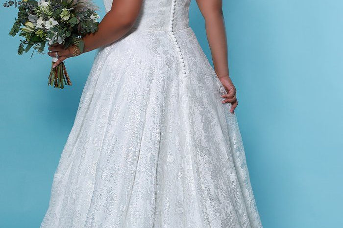 SC5262 Iris Wedding Dress by Sydney's Closet, Aline plus size wedding dress with v neckline, illusion bodice, lace illusion straps and zipper back, available in ivory