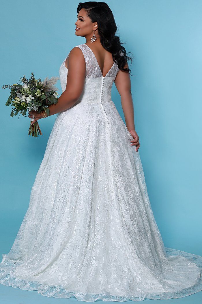 SC5262 Iris Wedding Dress by Sydney's Closet, Aline plus size wedding dress with v neckline, illusion bodice, lace illusion straps and zipper back, available in ivory
