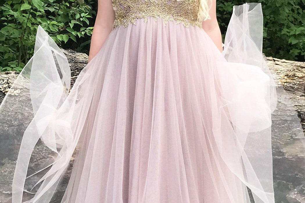 Aphrodite Prom Dress SC7309 by Sydney's Closet spaghetti straps soft tulle skirt empire with zipper back available in dusty rose