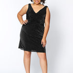 SC8093 trendy shimmer fabric in black, emerald or sapphire fitted short party dress with ruching on the front bodice and deep V-neckline